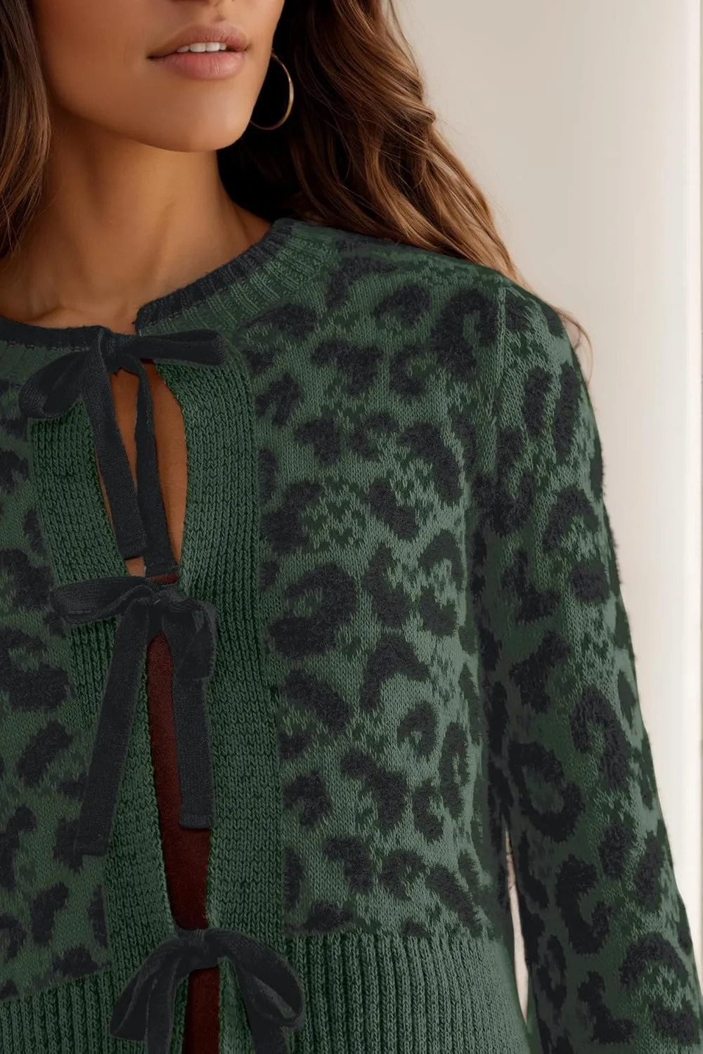 Women Leopard Bow Tie Front Cardigan Sweaters Long Sleeve Crewneck Cheetah Print Knit Cardigan Coats Casual Loose Outfits