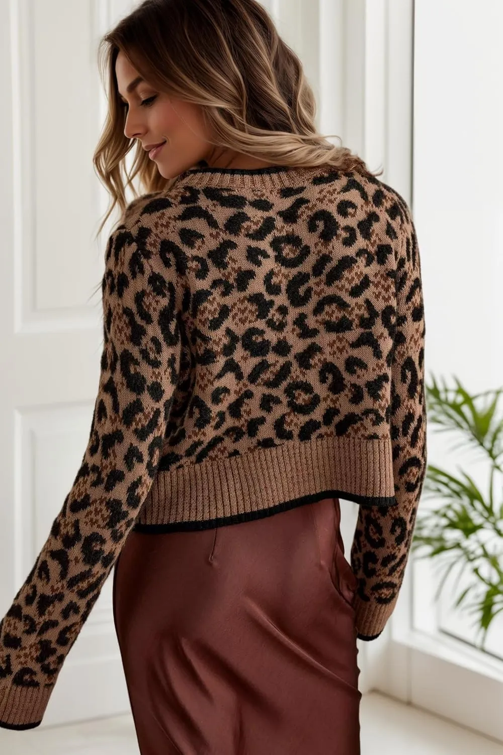 Women Leopard Bow Tie Front Cardigan Sweaters Long Sleeve Crewneck Cheetah Print Knit Cardigan Coats Casual Loose Outfits