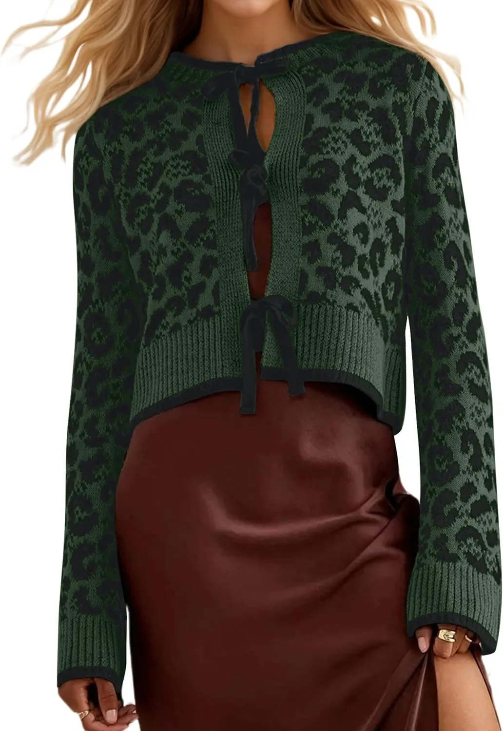 Women Leopard Bow Tie Front Cardigan Sweaters Long Sleeve Crewneck Cheetah Print Knit Cardigan Coats Casual Loose Outfits