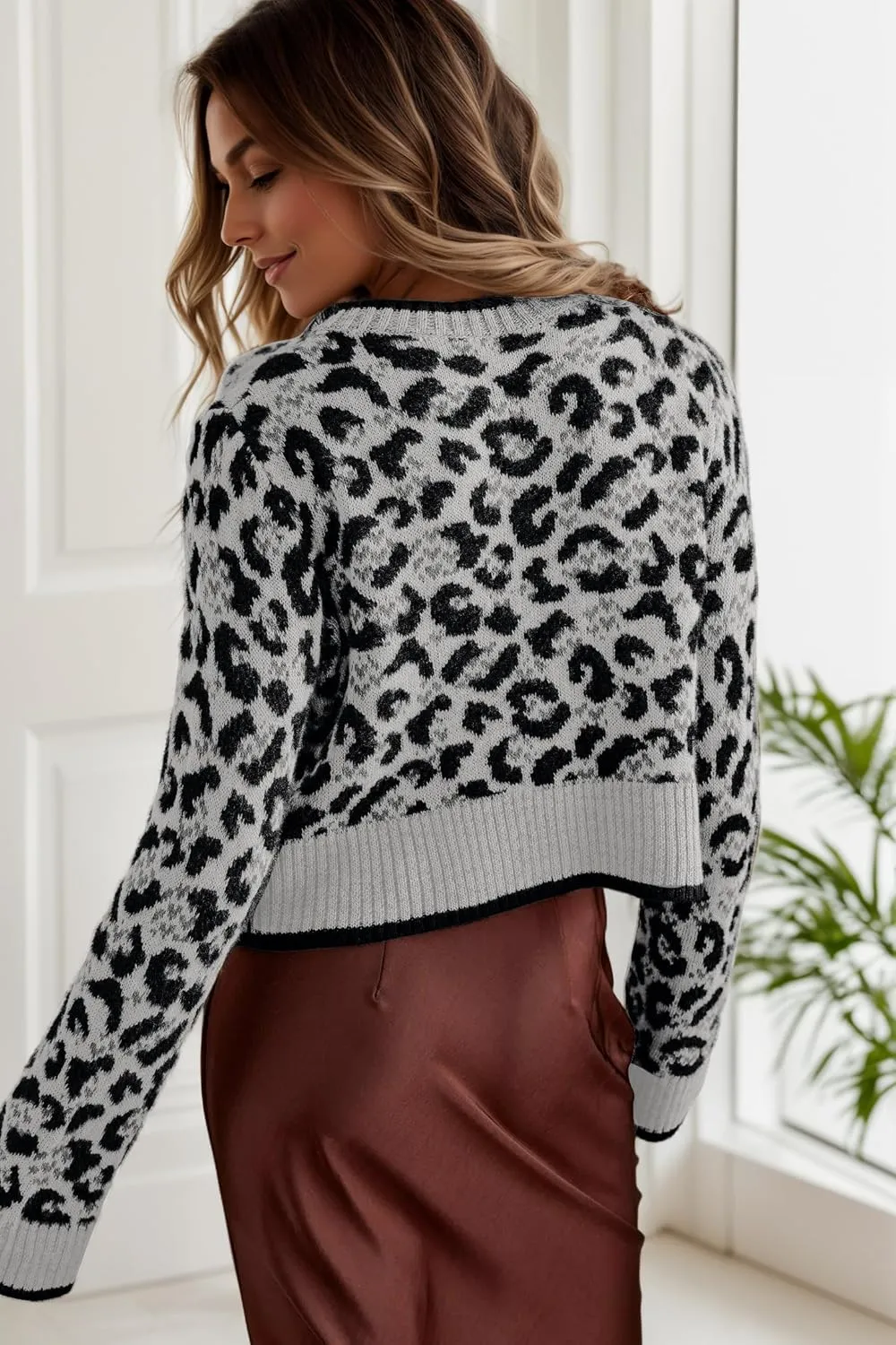 Women Leopard Bow Tie Front Cardigan Sweaters Long Sleeve Crewneck Cheetah Print Knit Cardigan Coats Casual Loose Outfits