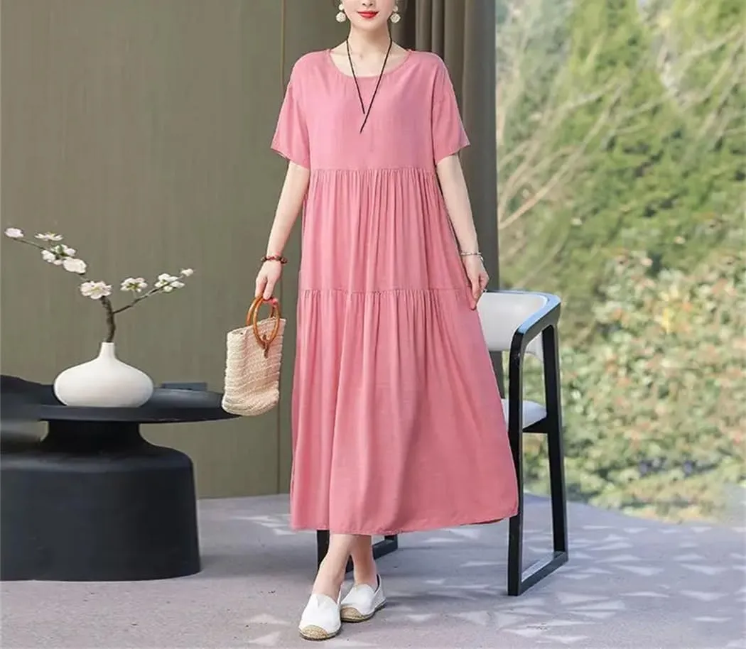 Women O-Neck Short Sleeve Loose Solid Color Folds Midi Dress Summer Ladies Dresses