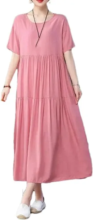 Women O-Neck Short Sleeve Loose Solid Color Folds Midi Dress Summer Ladies Dresses