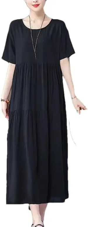 Women O-Neck Short Sleeve Loose Solid Color Folds Midi Dress Summer Ladies Dresses