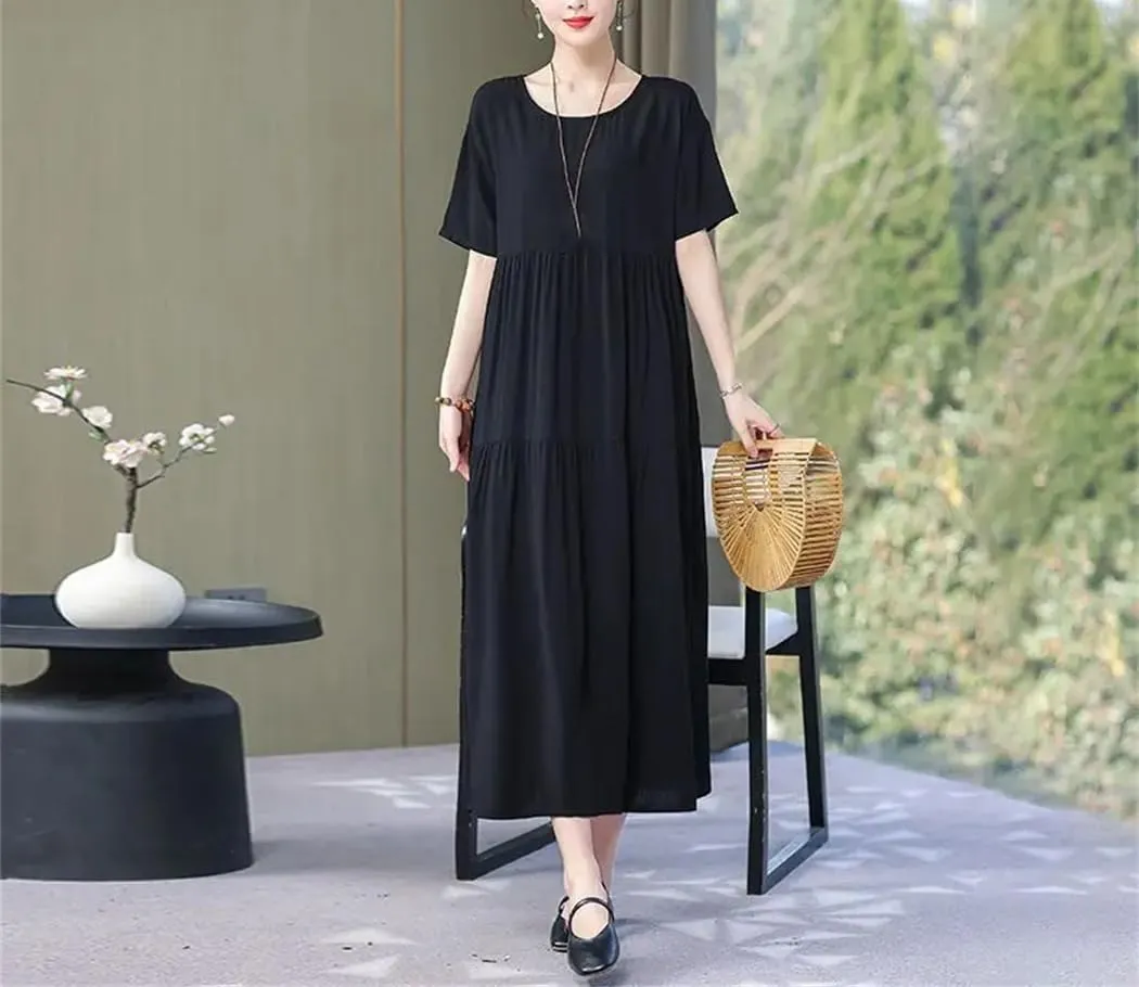 Women O-Neck Short Sleeve Loose Solid Color Folds Midi Dress Summer Ladies Dresses