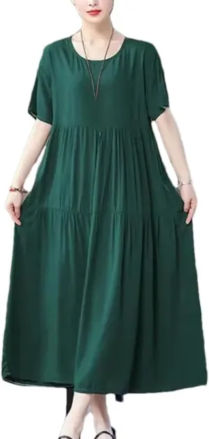 Women O-Neck Short Sleeve Loose Solid Color Folds Midi Dress Summer Ladies Dresses