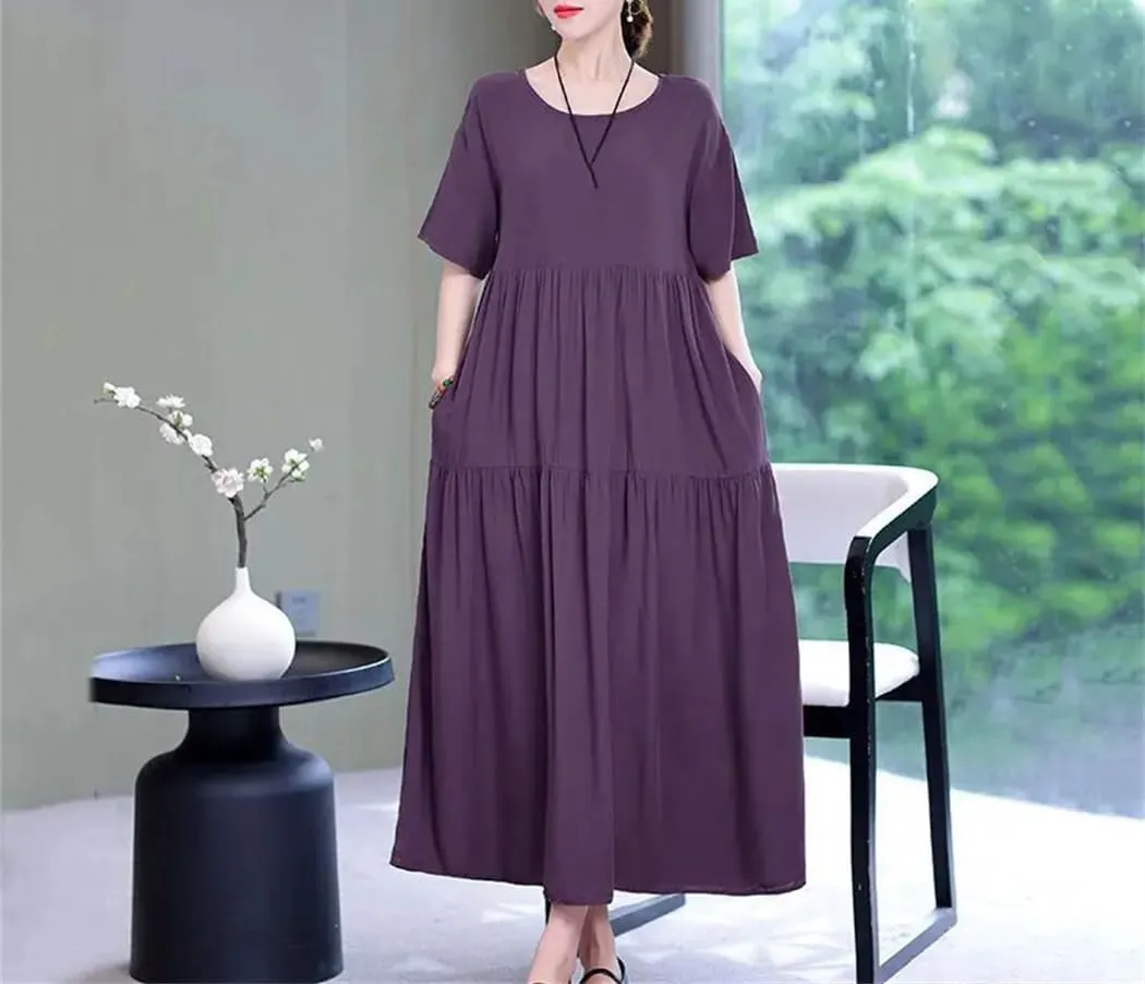 Women O-Neck Short Sleeve Loose Solid Color Folds Midi Dress Summer Ladies Dresses