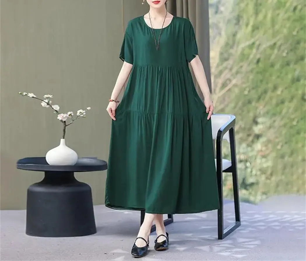 Women O-Neck Short Sleeve Loose Solid Color Folds Midi Dress Summer Ladies Dresses