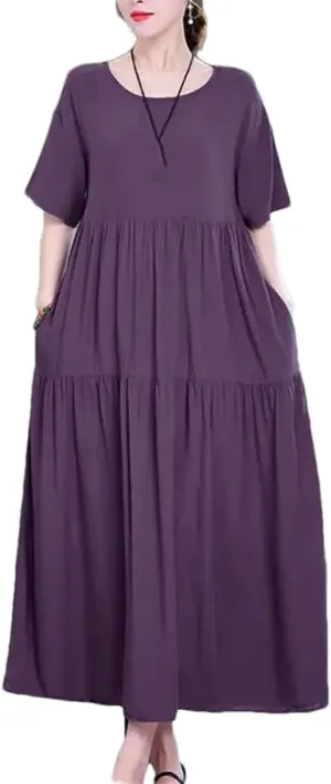 Women O-Neck Short Sleeve Loose Solid Color Folds Midi Dress Summer Ladies Dresses
