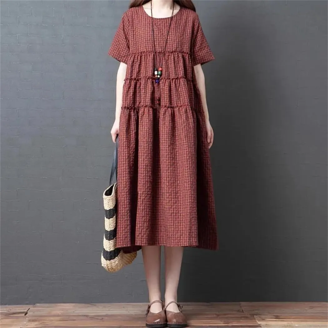 Women O-Neck Vintage Dresses Summer Short Sleeve Ruffles Patchwork Female Midi Dress