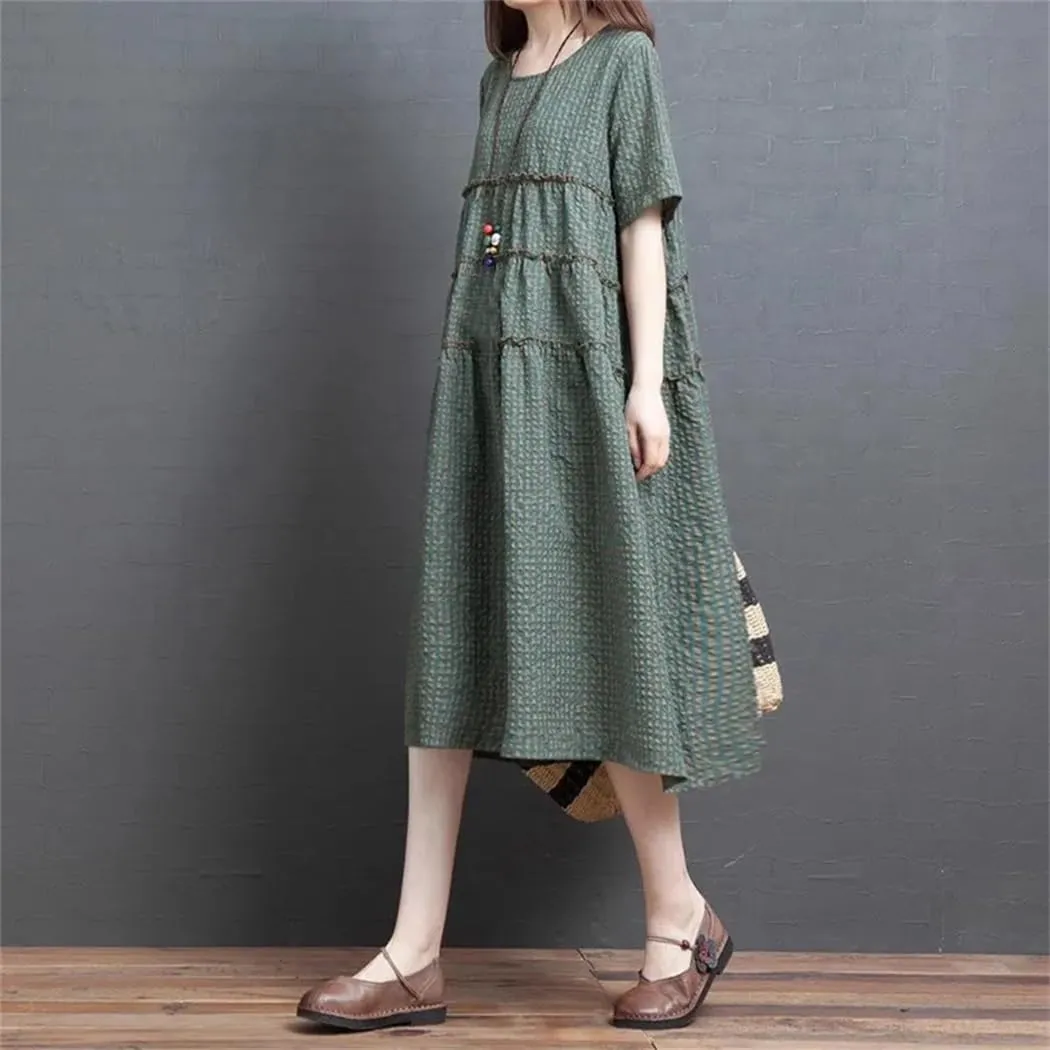 Women O-Neck Vintage Dresses Summer Short Sleeve Ruffles Patchwork Female Midi Dress