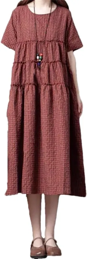 Women O-Neck Vintage Dresses Summer Short Sleeve Ruffles Patchwork Female Midi Dress