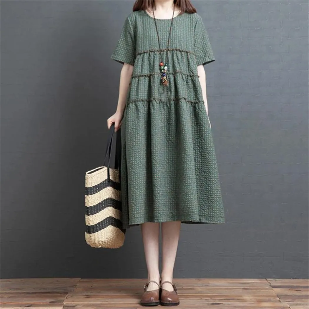 Women O-Neck Vintage Dresses Summer Short Sleeve Ruffles Patchwork Female Midi Dress