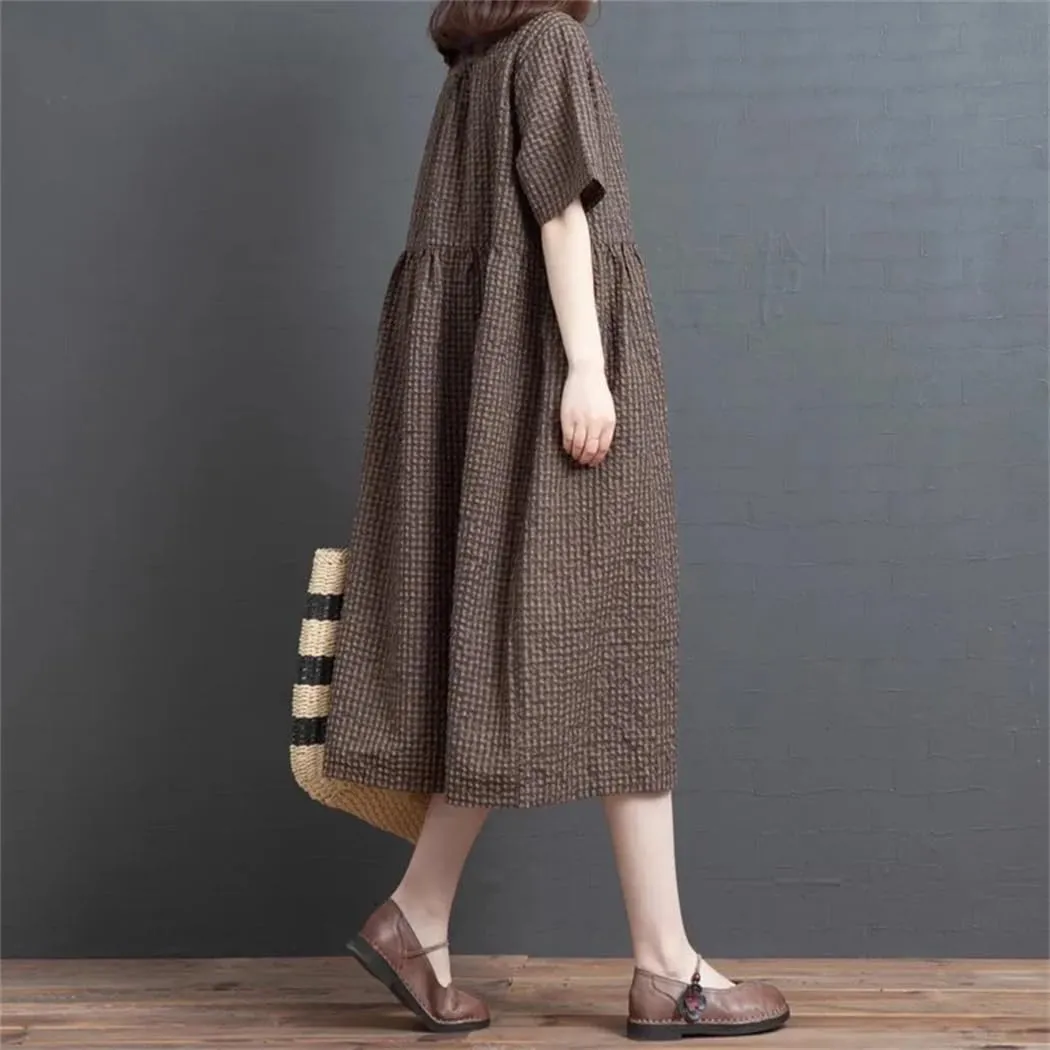 Women O-Neck Vintage Dresses Summer Short Sleeve Ruffles Patchwork Female Midi Dress