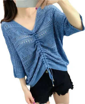Women Soft V-Neck Hollow Cut Sweater Solid Color Slim Half Sleeve Sweater Thin Loose Blouse Women Slim Fit Pullover