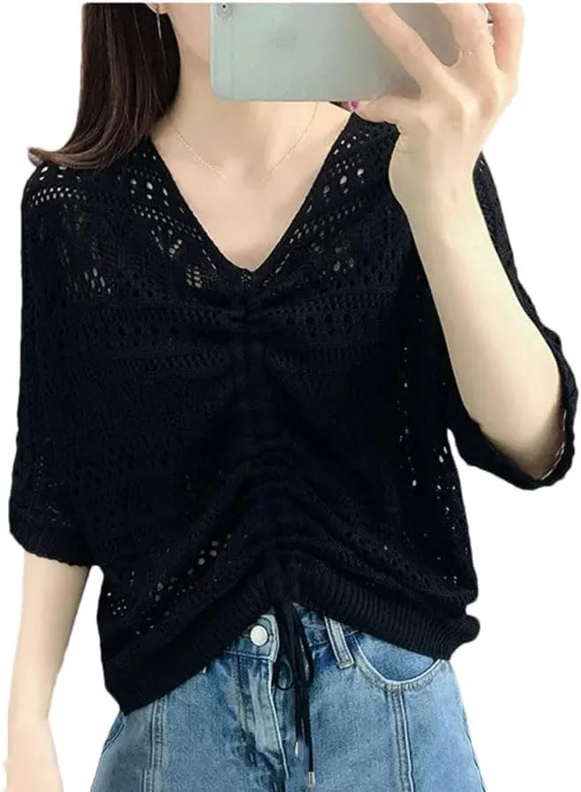 Women Soft V-Neck Hollow Cut Sweater Solid Color Slim Half Sleeve Sweater Thin Loose Blouse Women Slim Fit Pullover