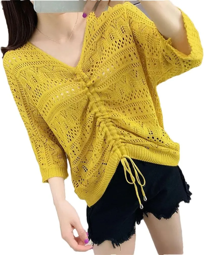 Women Soft V-Neck Hollow Cut Sweater Solid Color Slim Half Sleeve Sweater Thin Loose Blouse Women Slim Fit Pullover
