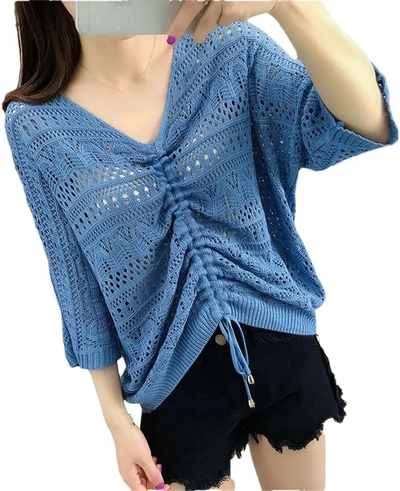 Women Soft V-Neck Hollow Cut Sweater Solid Color Slim Half Sleeve Sweater Thin Loose Blouse Women Slim Fit Pullover