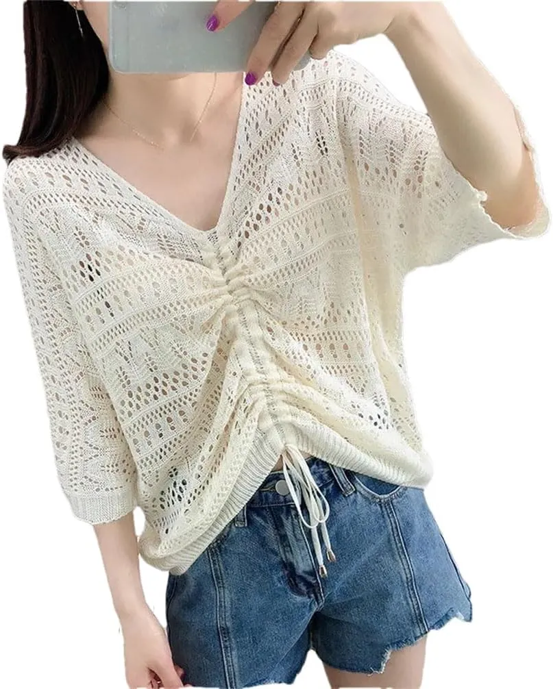 Women Soft V-Neck Hollow Cut Sweater Solid Color Slim Half Sleeve Sweater Thin Loose Blouse Women Slim Fit Pullover