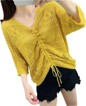 Women Soft V-Neck Hollow Cut Sweater Solid Color Slim Half Sleeve Sweater Thin Loose Blouse Women Slim Fit Pullover