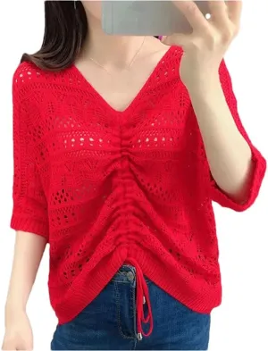 Women Soft V-Neck Hollow Cut Sweater Solid Color Slim Half Sleeve Sweater Thin Loose Blouse Women Slim Fit Pullover