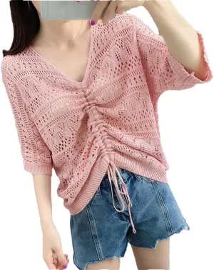 Women Soft V-Neck Hollow Cut Sweater Solid Color Slim Half Sleeve Sweater Thin Loose Blouse Women Slim Fit Pullover