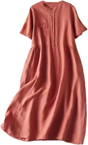 Women Solid Short Sleeve Dress Office Lady Casual Loose A-Line Midi Holiday Beach Dress