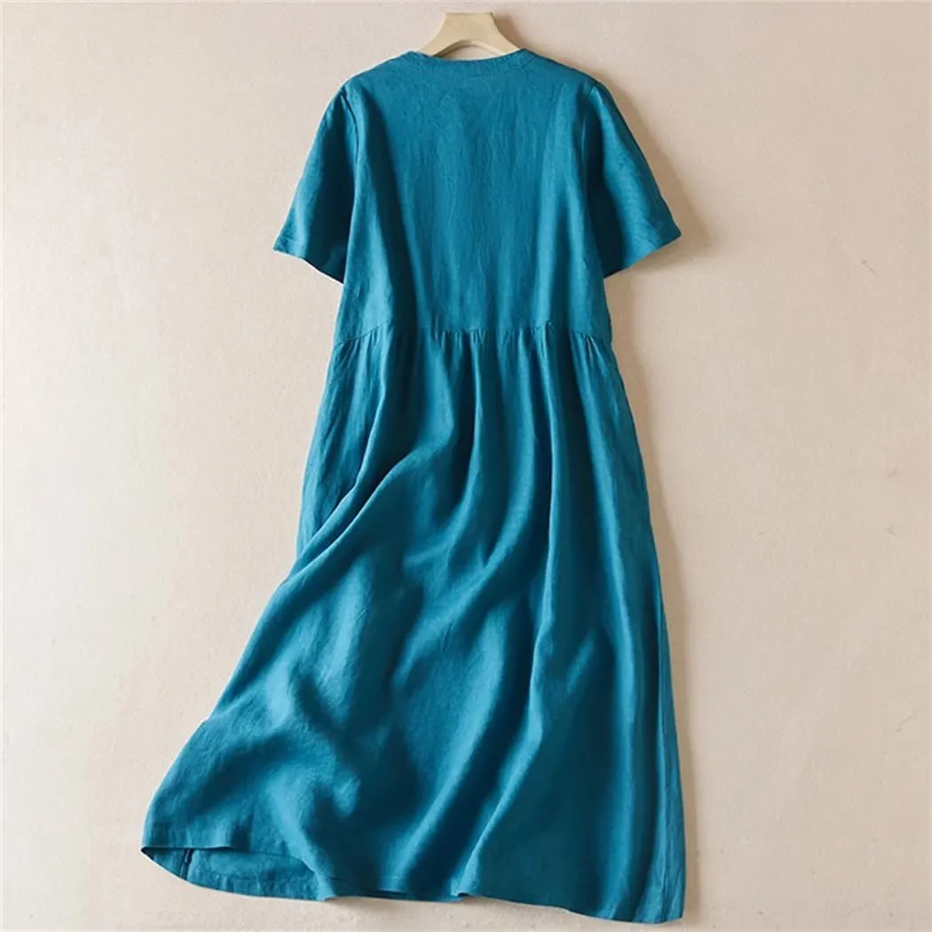 Women Solid Short Sleeve Dress Office Lady Casual Loose A-Line Midi Holiday Beach Dress