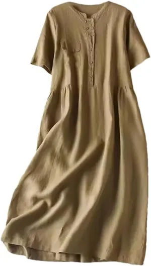 Women Solid Short Sleeve Dress Office Lady Casual Loose A-Line Midi Holiday Beach Dress