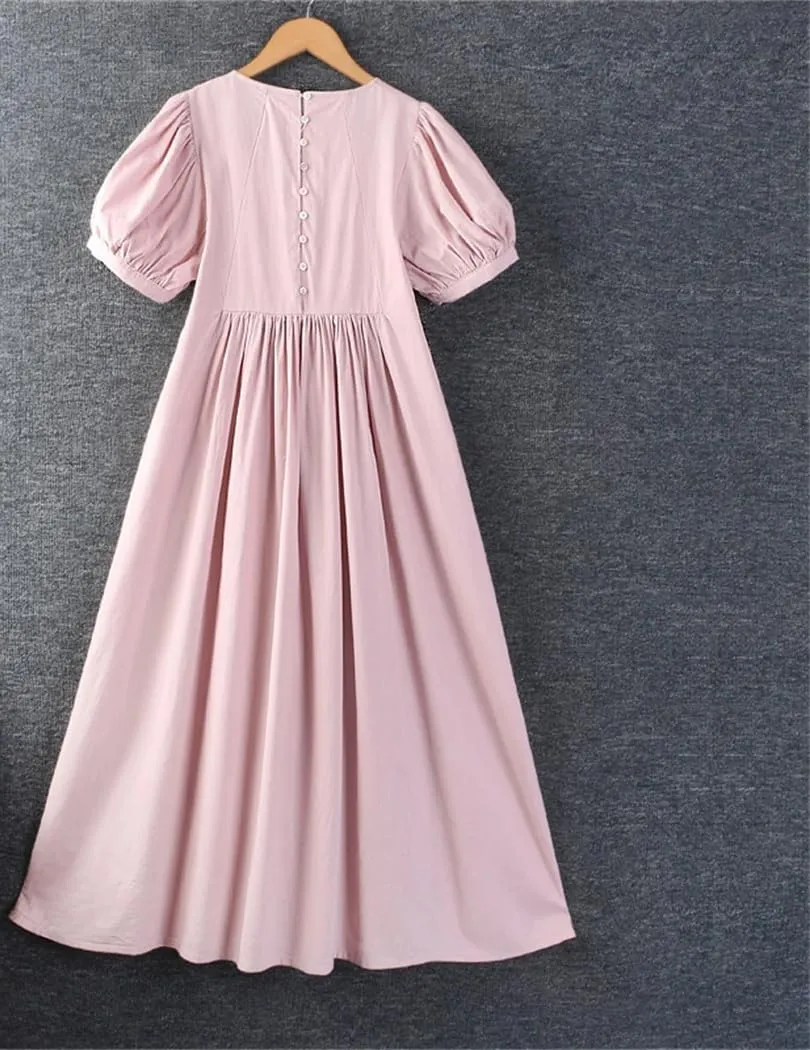 Women Summer Cotton Round Collar Short Sleeve Loose Solid Color Business Work Midi Dress