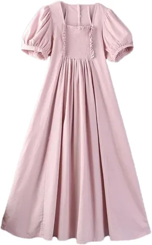 Women Summer Cotton Round Collar Short Sleeve Loose Solid Color Business Work Midi Dress