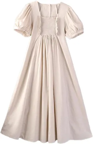 Women Summer Cotton Round Collar Short Sleeve Loose Solid Color Business Work Midi Dress