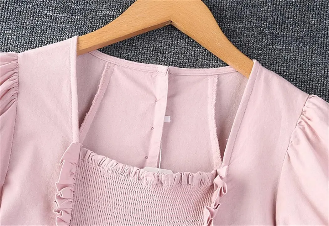 Women Summer Cotton Round Collar Short Sleeve Loose Solid Color Business Work Midi Dress