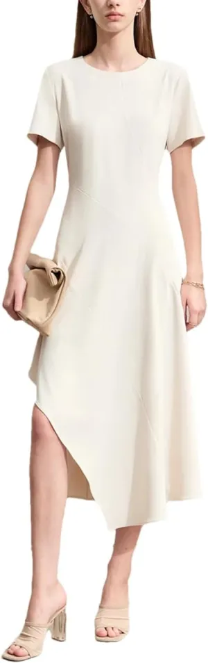 Women Summer Dress O-Neck Asymmetrical Short-Sleeve Office Lady Slim Fashion Dresses