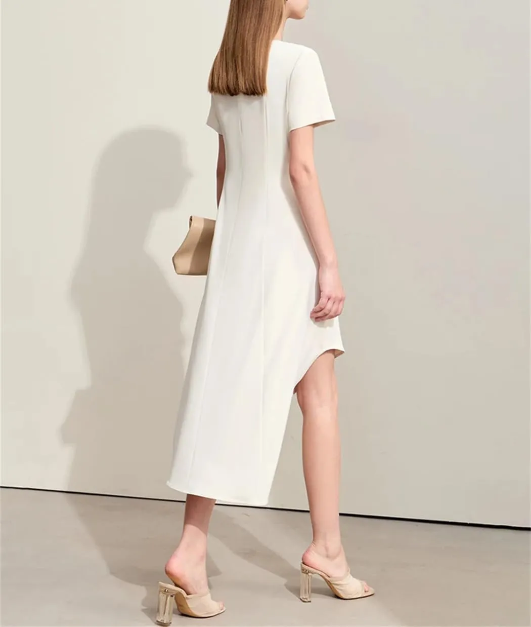 Women Summer Dress O-Neck Asymmetrical Short-Sleeve Office Lady Slim Fashion Dresses