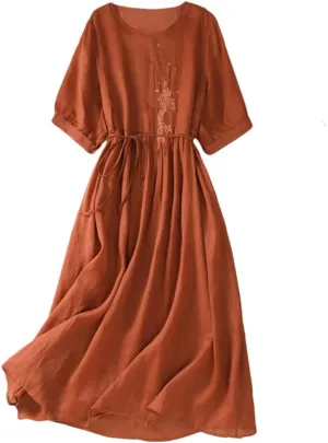 Women Summer Embroidery Boho Long Dresses Solid Lace Up Waisted Cotton Linen Beach Party Dress