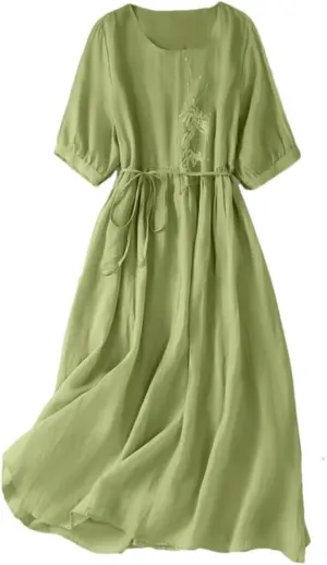 Women Summer Embroidery Boho Long Dresses Solid Lace Up Waisted Cotton Linen Beach Party Dress