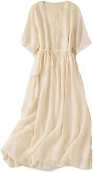 Women Summer Embroidery Boho Long Dresses Solid Lace Up Waisted Cotton Linen Beach Party Dress