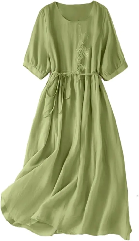 Women Summer Embroidery Boho Long Dresses Solid Lace Up Waisted Cotton Linen Beach Party Dress