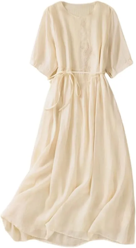 Women Summer Embroidery Boho Long Dresses Solid Lace Up Waisted Cotton Linen Beach Party Dress