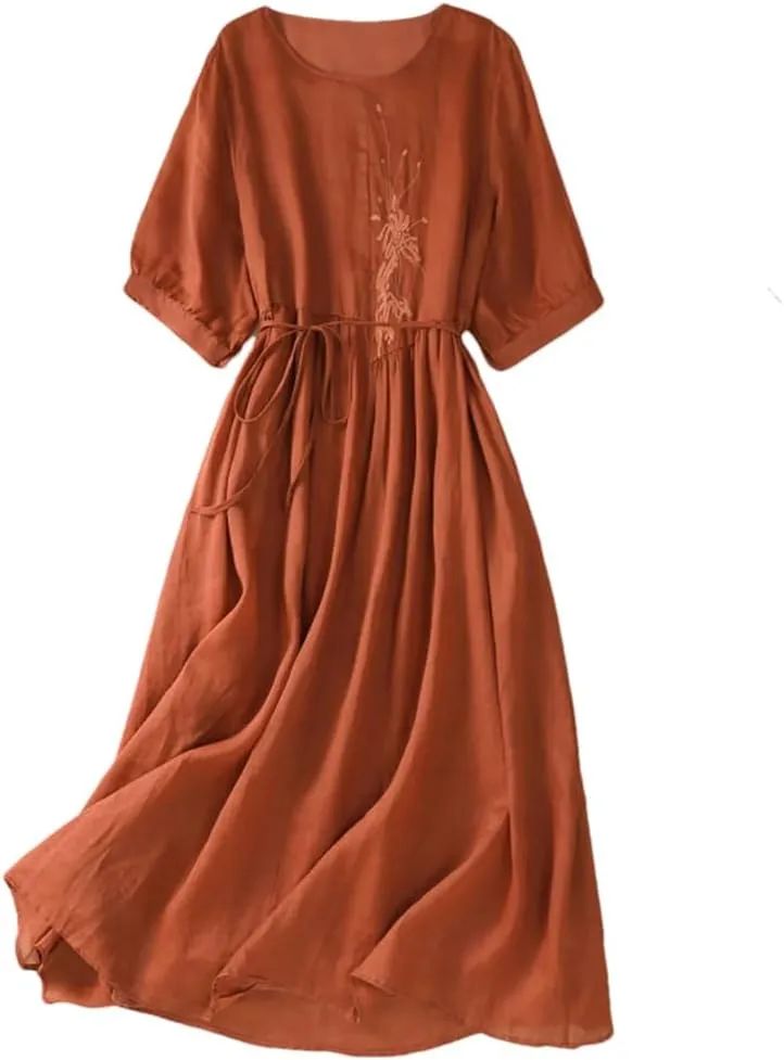 Women Summer Embroidery Boho Long Dresses Solid Lace Up Waisted Cotton Linen Beach Party Dress
