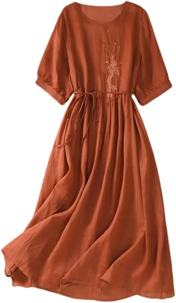 Women Summer Embroidery Boho Long Dresses Solid Lace Up Waisted Cotton Linen Beach Party Dress
