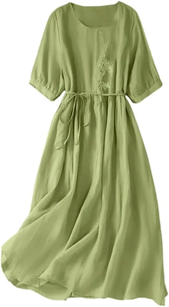 Women Summer Embroidery Boho Long Dresses Solid Lace Up Waisted Cotton Linen Beach Party Dress