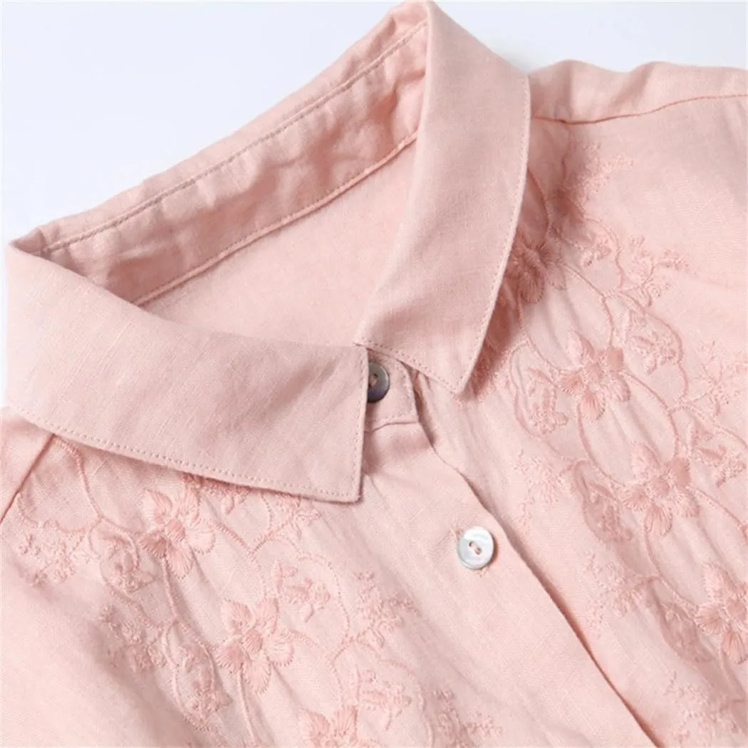 Women Summer Embroidery Shirt Dress Casual Loose Cotton Turn Down Collar Cardigan Dresses
