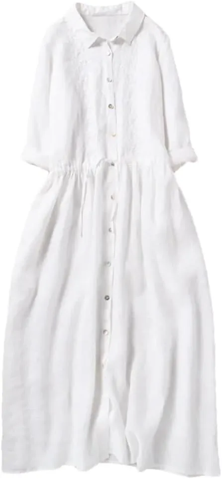 Women Summer Embroidery Shirt Dress Casual Loose Cotton Turn Down Collar Cardigan Dresses