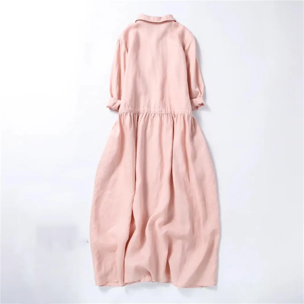 Women Summer Embroidery Shirt Dress Casual Loose Cotton Turn Down Collar Cardigan Dresses