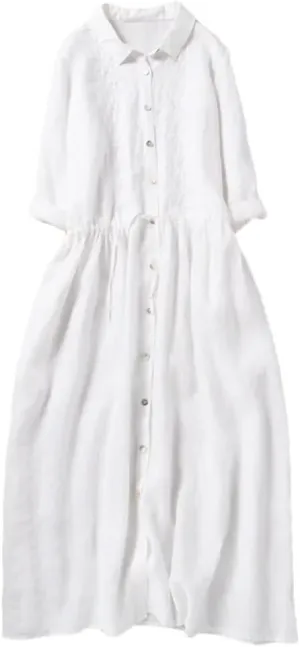 Women Summer Embroidery Shirt Dress Casual Loose Cotton Turn Down Collar Cardigan Dresses