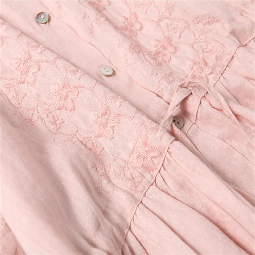 Women Summer Embroidery Shirt Dress Casual Loose Cotton Turn Down Collar Cardigan Dresses
