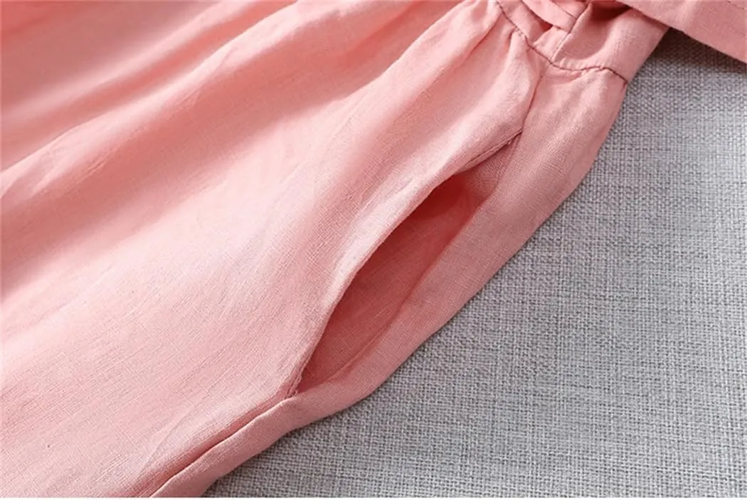 Women Summer Single-Breasted Cotton Dresses High Waist Slim Office Lady Midi Dress