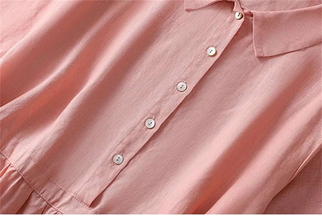 Women Summer Single-Breasted Cotton Dresses High Waist Slim Office Lady Midi Dress