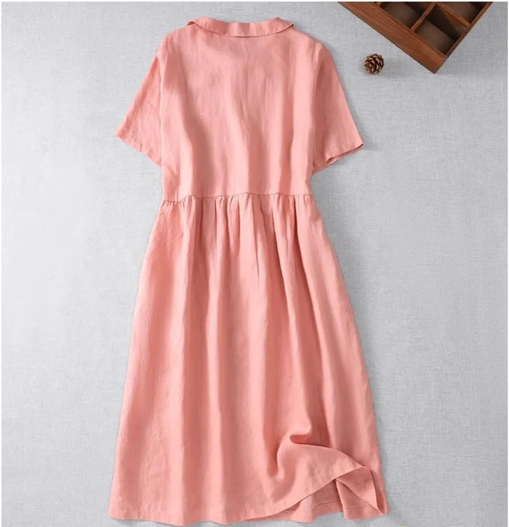 Women Summer Single-Breasted Cotton Dresses High Waist Slim Office Lady Midi Dress